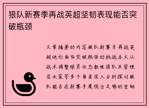 狼队新赛季再战英超坚韧表现能否突破瓶颈