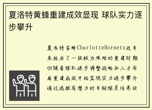 夏洛特黄蜂重建成效显现 球队实力逐步攀升